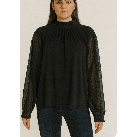 J. Crew blouse black mock neck swiss dot sleeves semi sheer Classy career SZ 2XL - Picture 1 of 8